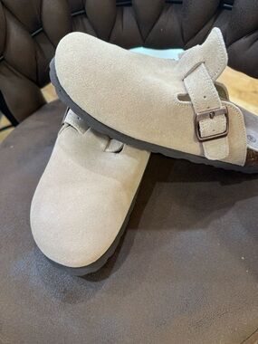 Suede Slip-On Clog with Buckle - Beige NWT